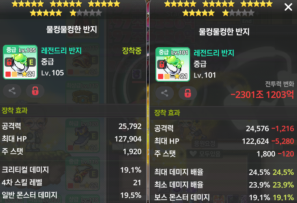 왼쪽은 현재 장착 아이템, 오른쪽은 장착 후보인 비교 화면 샘플